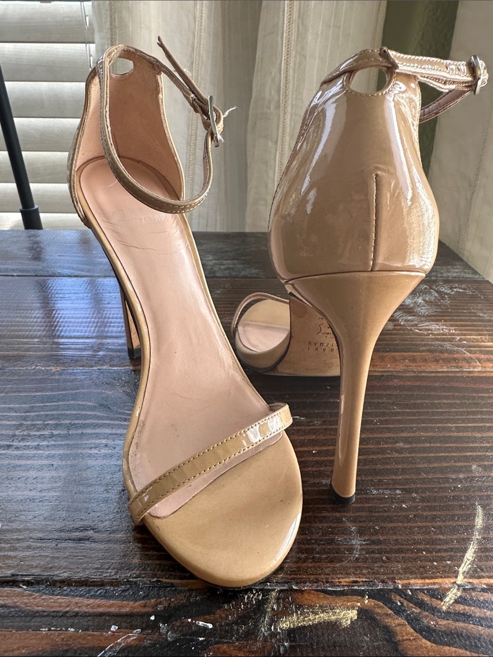 Stuart Weitzman Nude Patent Leather Strappy High Heels